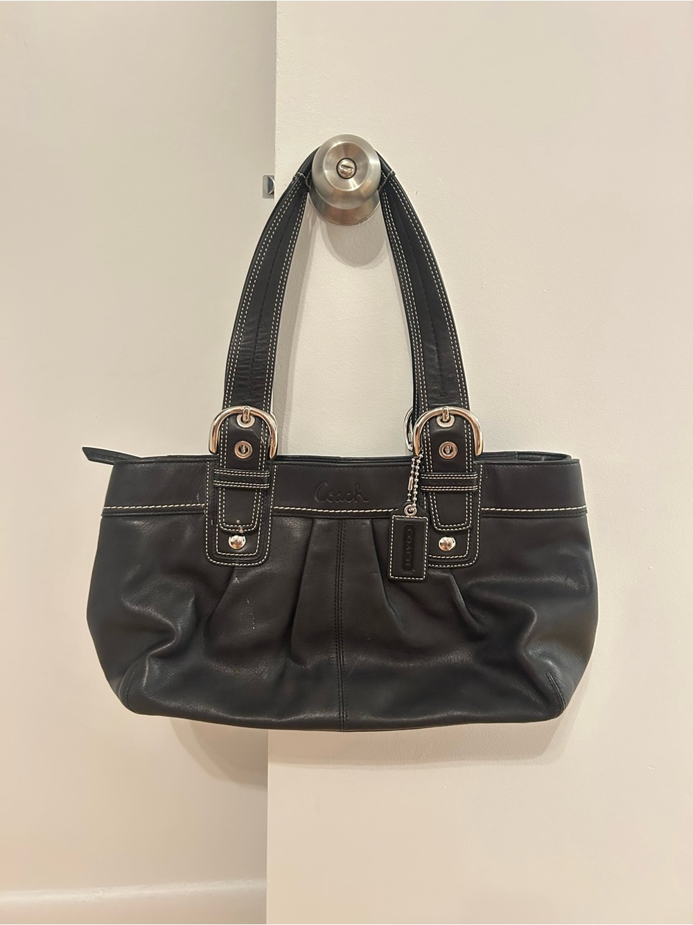 Coach Black Leather Shoulder Tote with Contrast Stitching